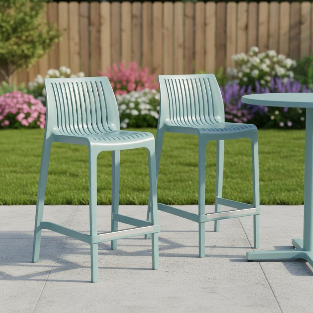 Set of Two 26" Baby Blue Heavy Duty Plastic Low Back Outdoor Counter Height Bar Chairs - 36.20" H x 19.70" W x 19.90" D