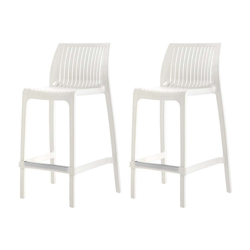Two white plastic low-back outdoor counter height bar chairs with silver footrests on a white background.