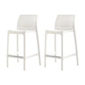 Set of Two 26" White Heavy Duty Plastic Low Back Outdoor Counter Height Bar Chairs on a white background