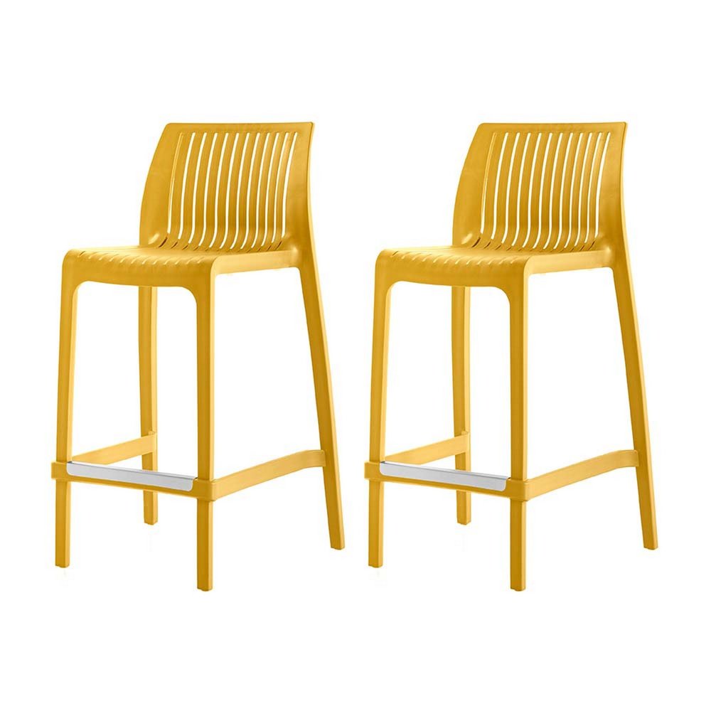 Two yellow plastic bar chairs with low backs and silver footrests on a white background.