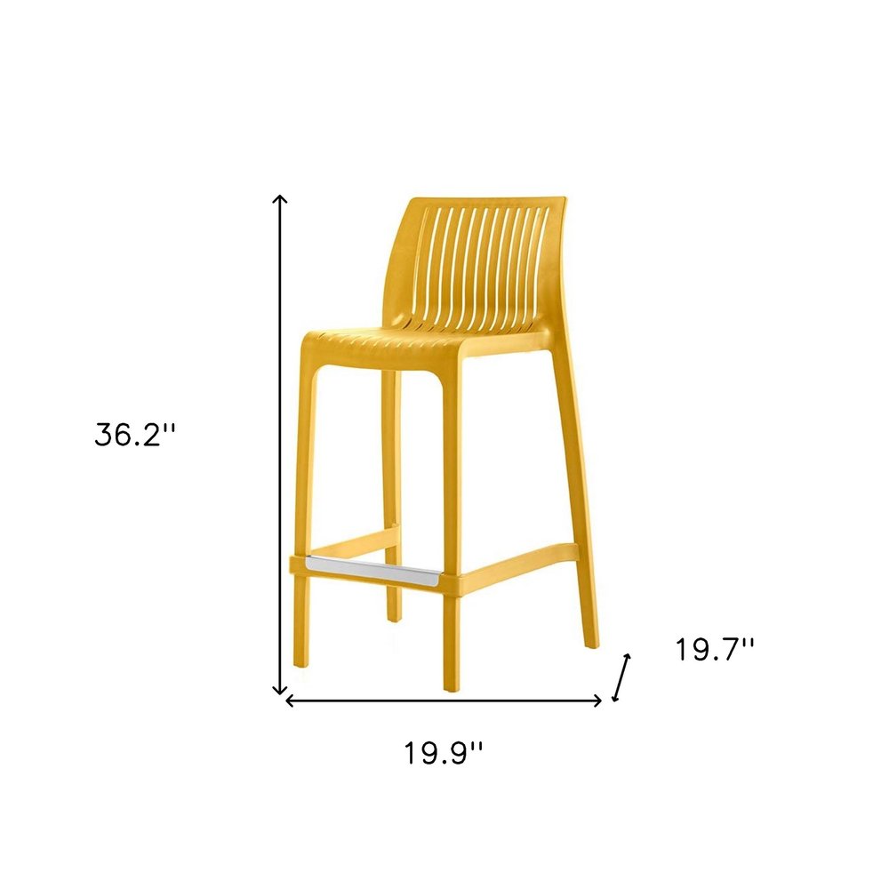 Set of Two 26" Yellow Heavy Duty Plastic Low Back Outdoor Counter Height Bar Chairs on a white background