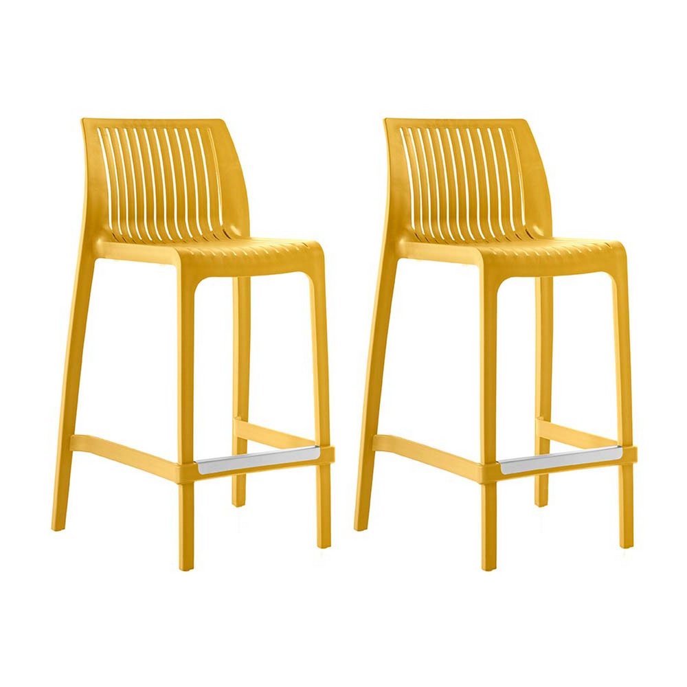 Set of Two 26" Yellow Heavy Duty Plastic Low Back Outdoor Counter Height Bar Chairs on a white background