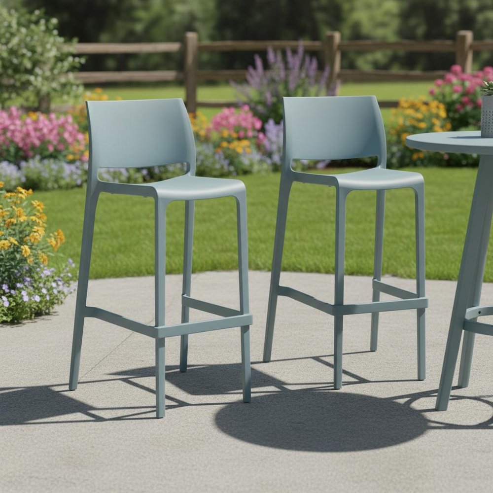 Set of Two 30" Baby Blue Heavy Duty Plastic Low Back Outdoor Bar Height Chairs - 40.60" H x 19.70" W x 20.50" D