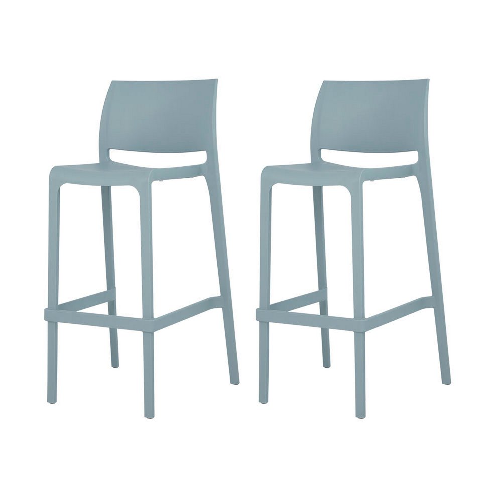 Two baby blue heavy duty plastic low back outdoor bar height chairs on a white background.