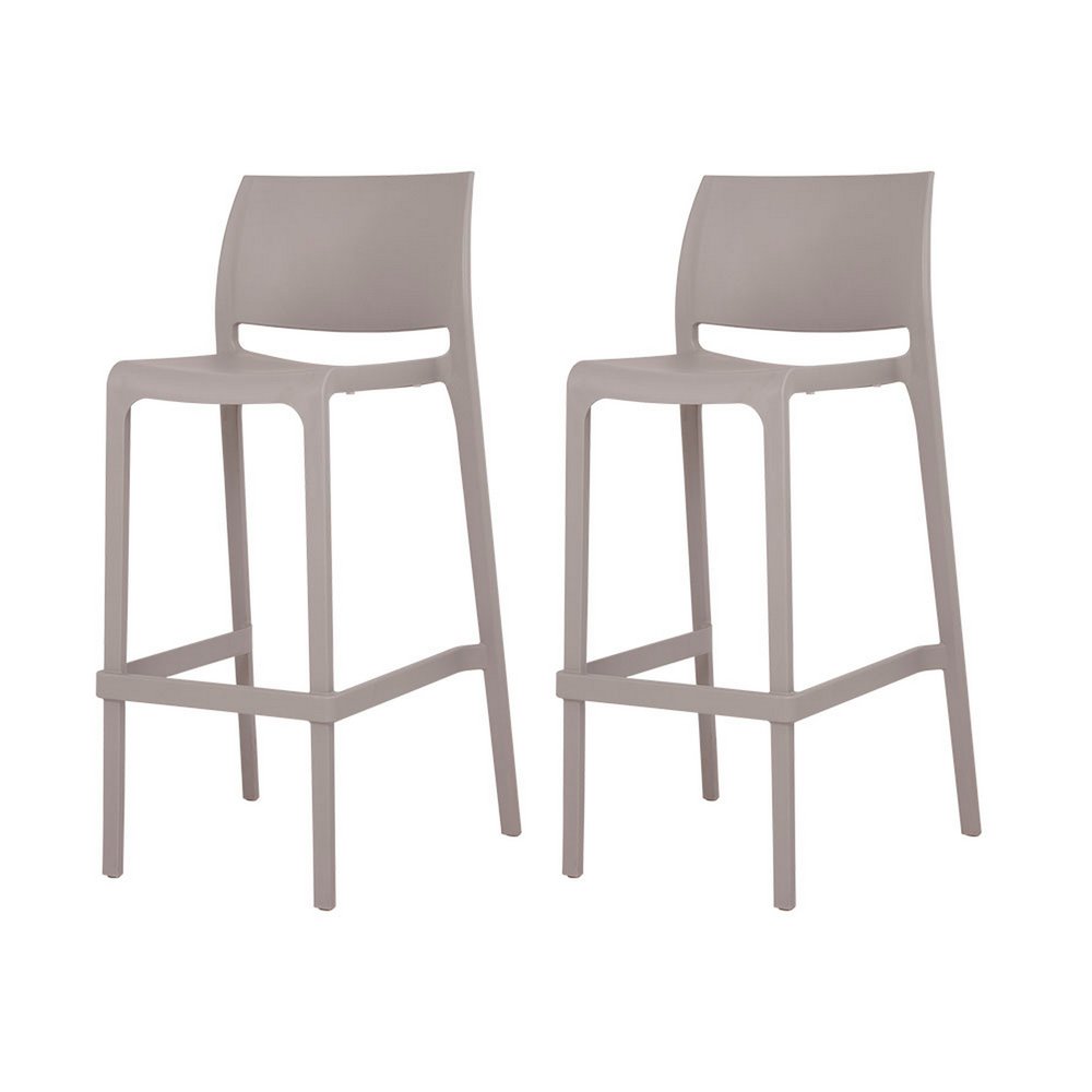 Two taupe plastic low-back outdoor bar height chairs on a white background.