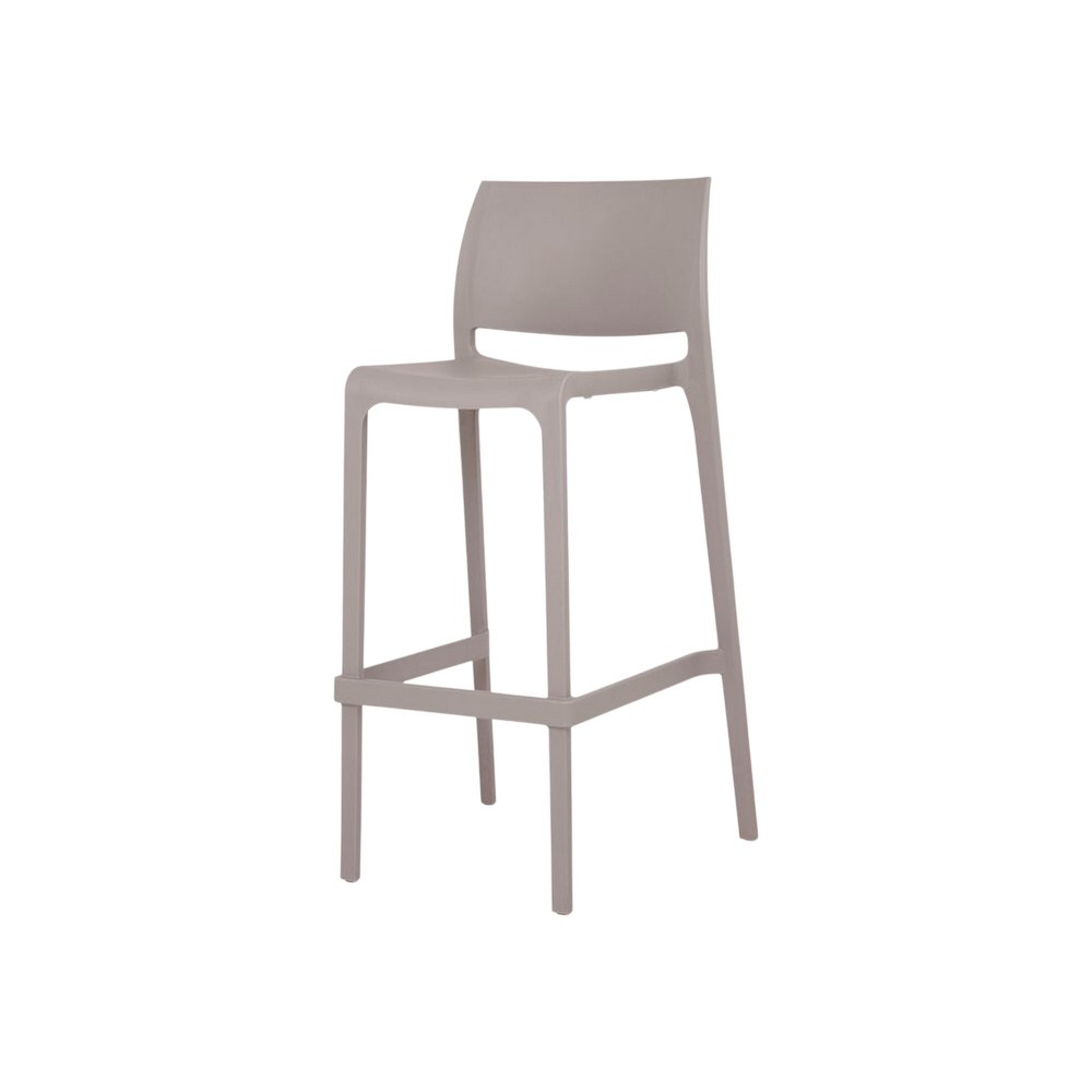 Set of Two 30" Taupe Heavy Duty Plastic Low Back Outdoor Bar Height Chairs on a white background