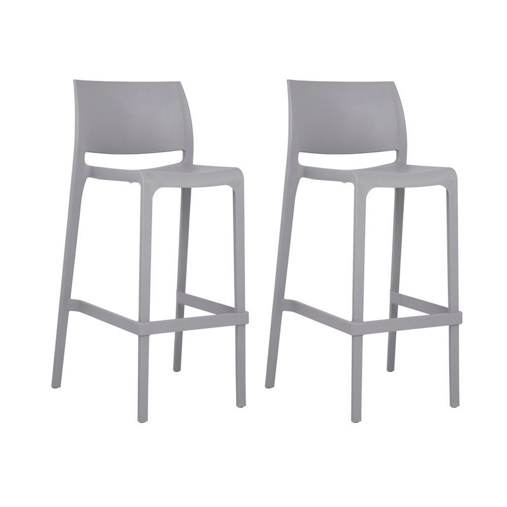 Set of Two 30" Gray Heavy Duty Plastic Low Back Outdoor Bar Height Chairs on a white background