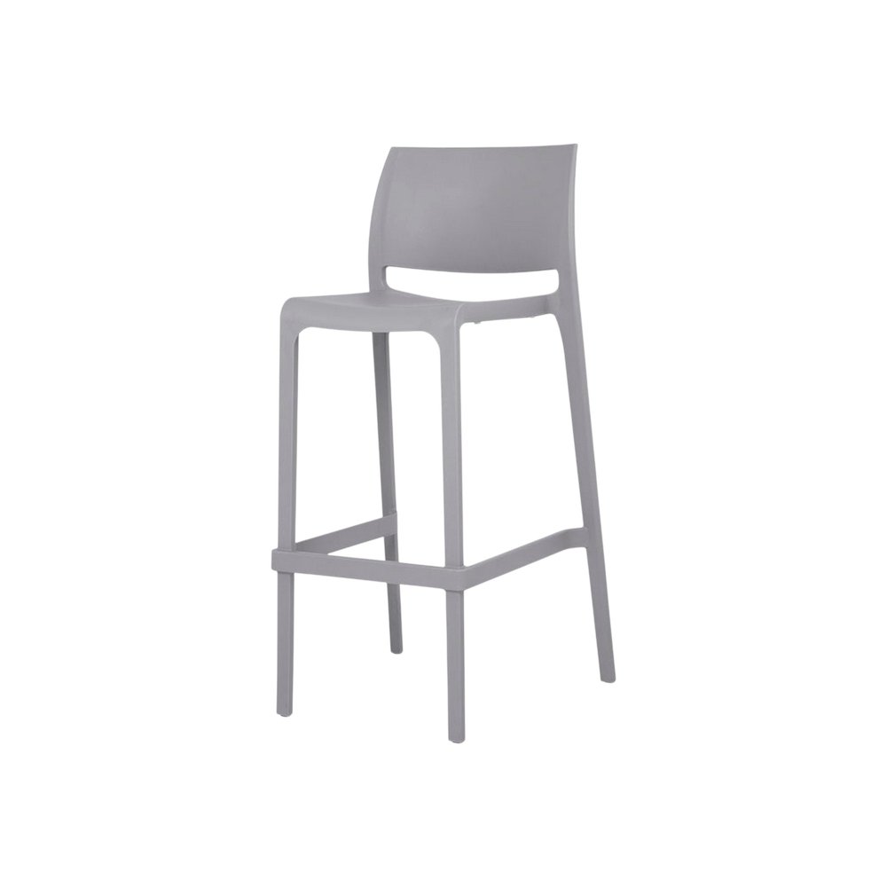 Set of Two 30" Gray Heavy Duty Plastic Low Back Outdoor Bar Height Chairs on a white background