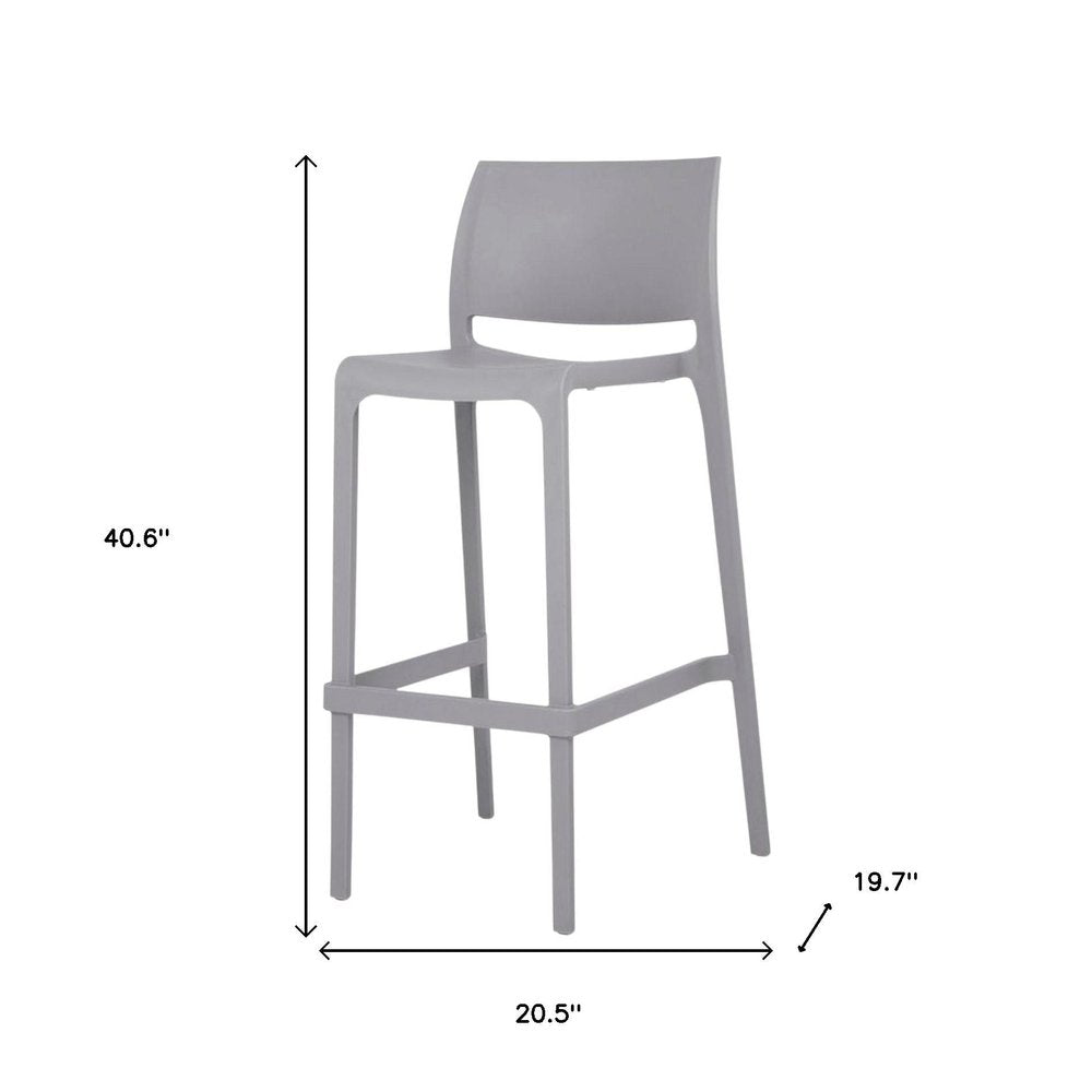 Set of Two 30" Gray Heavy Duty Plastic Low Back Outdoor Bar Height Chairs on a white background