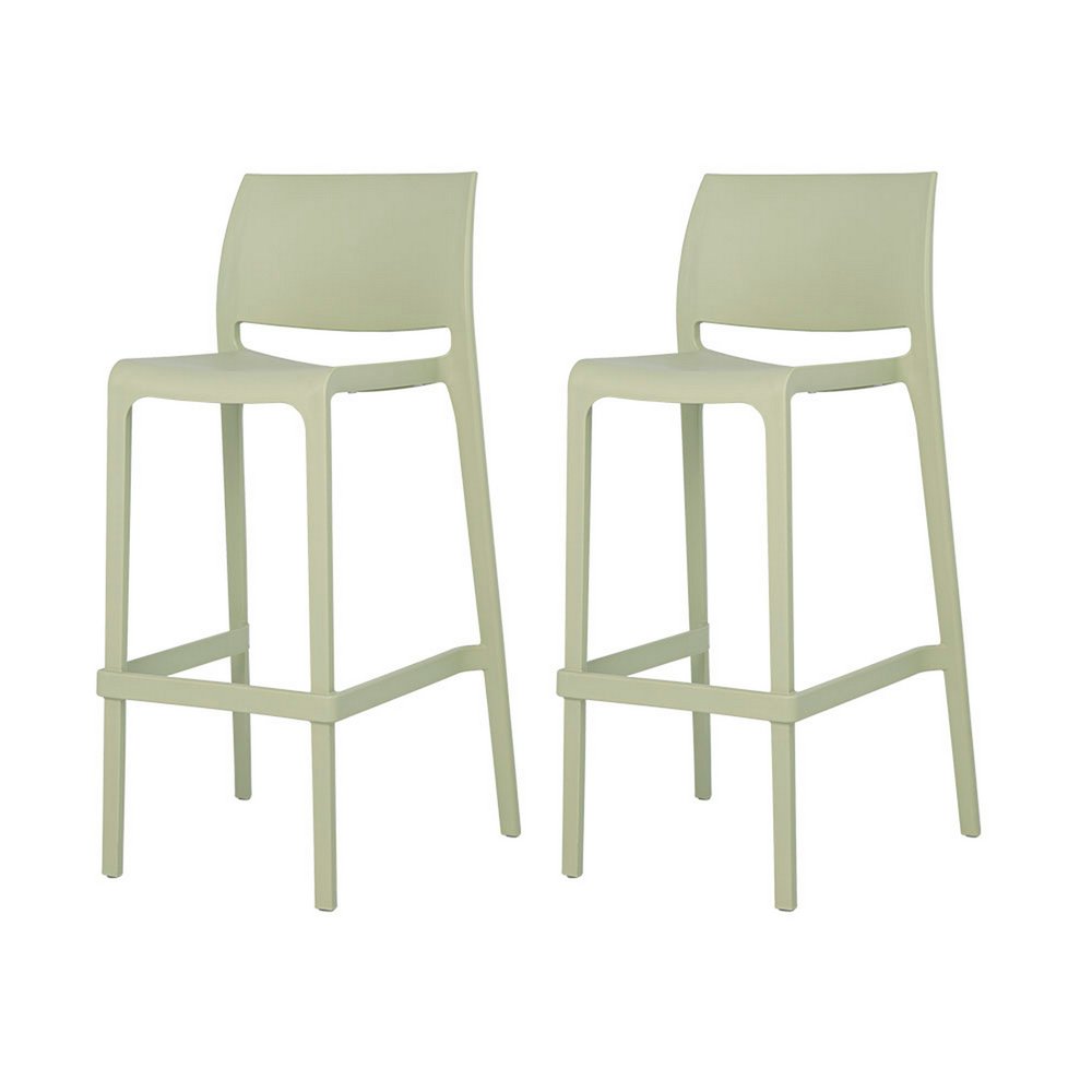Two light green heavy-duty plastic low-back outdoor bar height chairs on a white background.