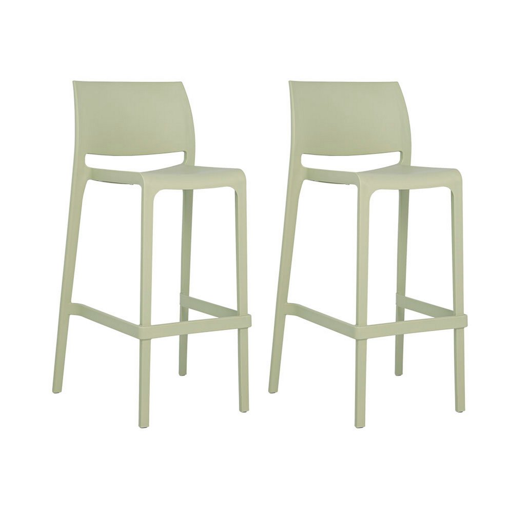 Set of Two 30" Green Heavy Duty Plastic Low Back Outdoor Bar Height Chairs on a white background