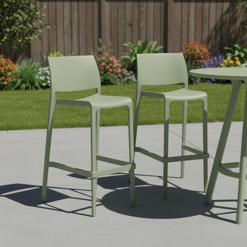 Set of Two 30" Green Heavy Duty Plastic Low Back Outdoor Bar Height Chairs in a home interior