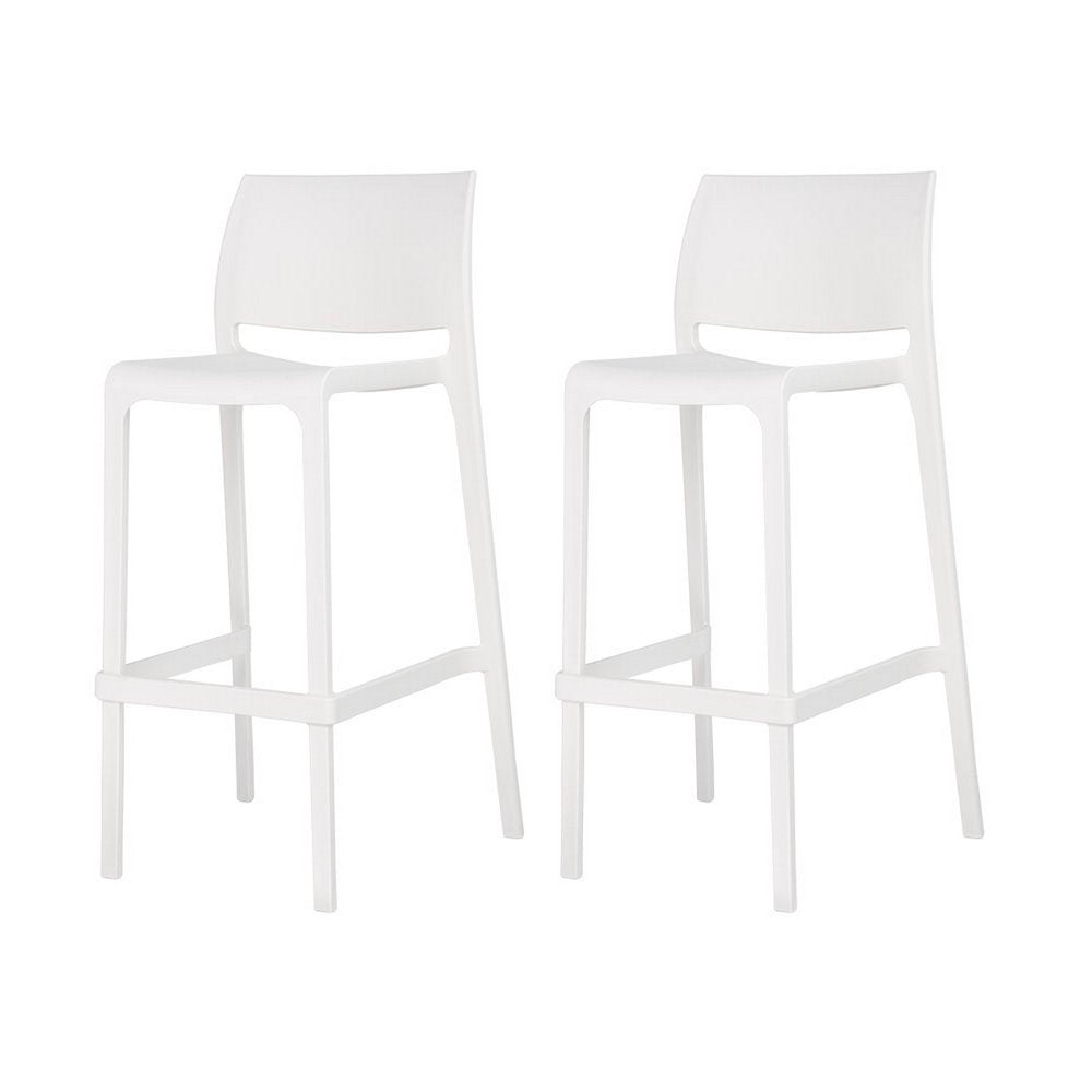 Two white heavy-duty plastic low-back outdoor bar height chairs on a white background.
