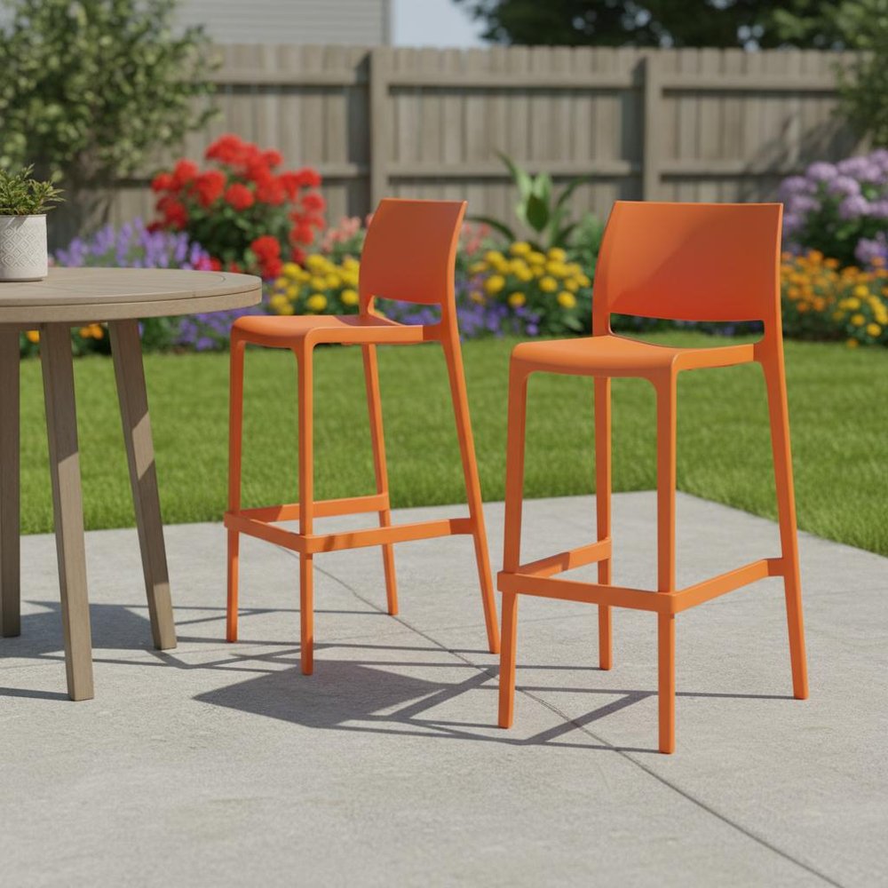Set of Two 30" Orange Heavy Duty Plastic Low Back Outdoor Bar Height Chairs in a home interior