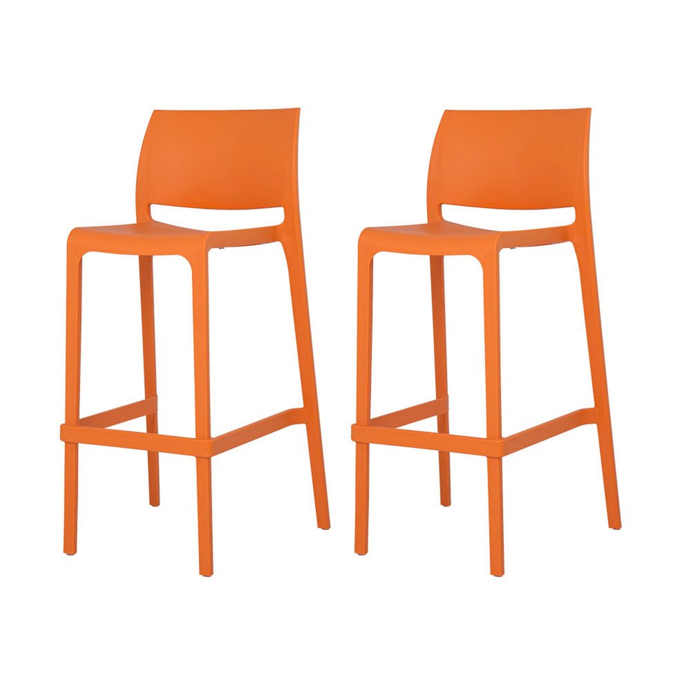 Two orange heavy duty plastic low back outdoor bar height chairs on a white background.