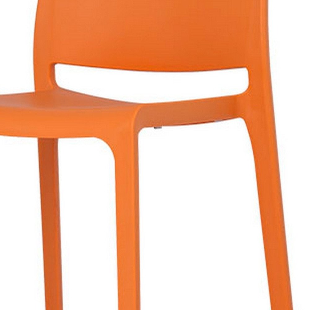 Set of Two 30" Orange Heavy Duty Plastic Low Back Outdoor Bar Height Chairs on a white background