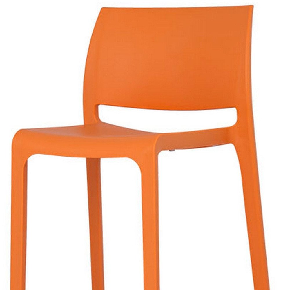 Set of Two 30" Orange Heavy Duty Plastic Low Back Outdoor Bar Height Chairs on a white background