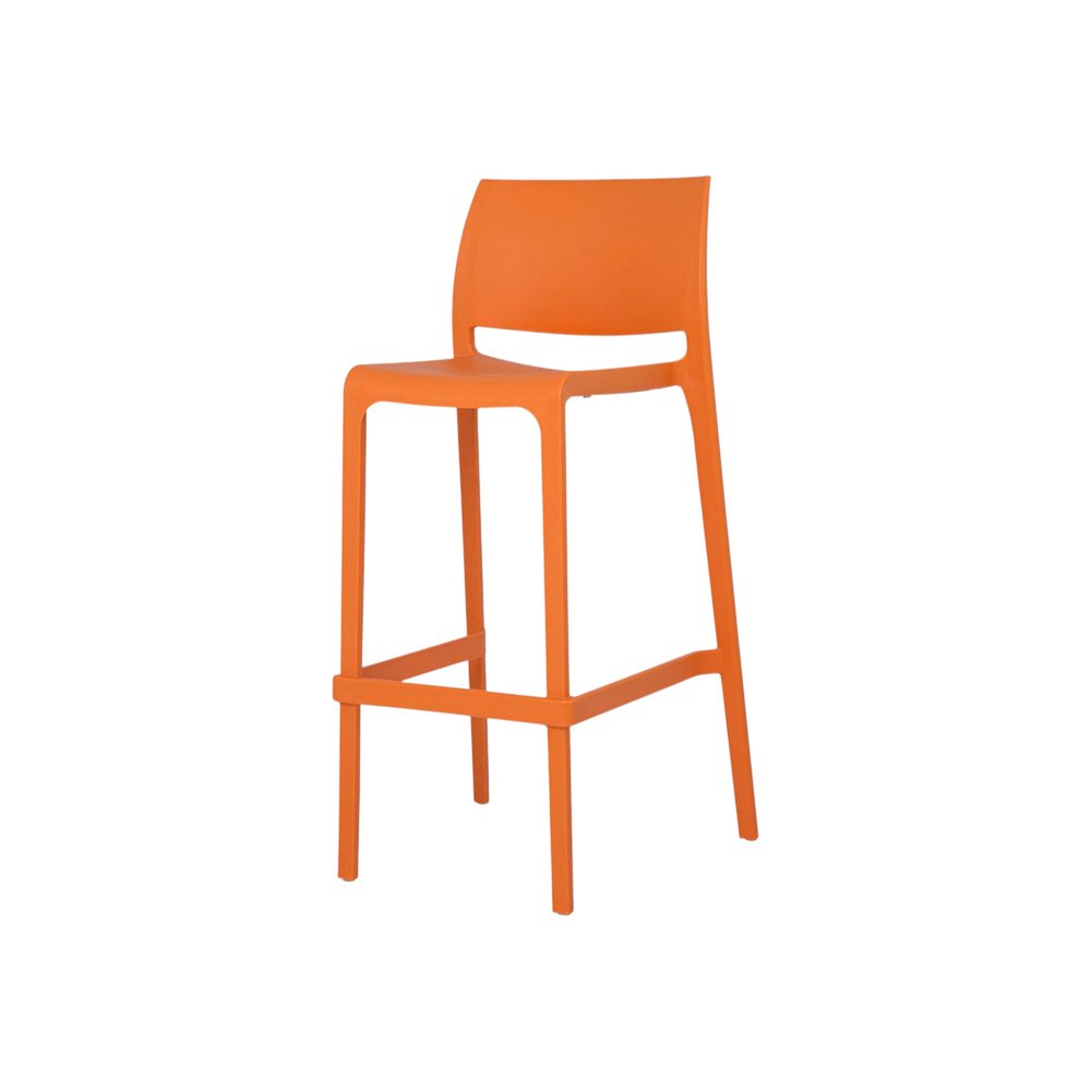 Set of Two 30" Orange Heavy Duty Plastic Low Back Outdoor Bar Height Chairs on a white background