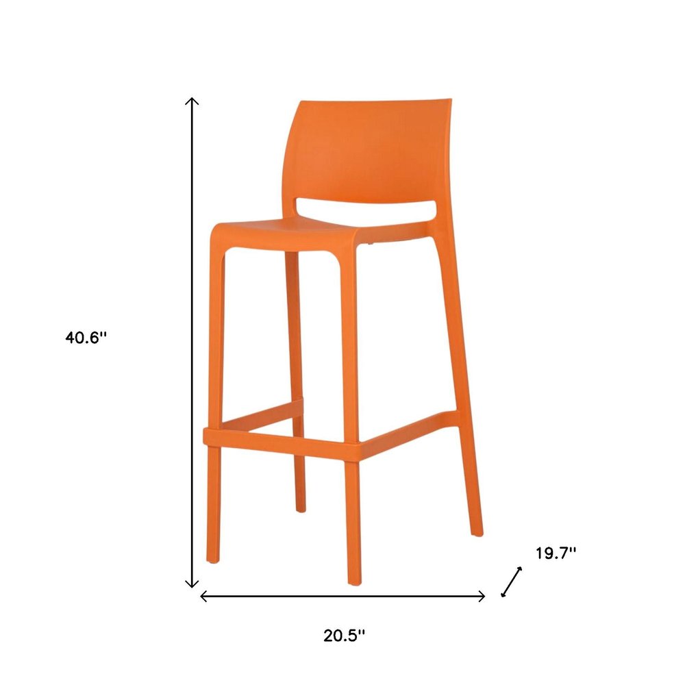Set of Two 30" Orange Heavy Duty Plastic Low Back Outdoor Bar Height Chairs on a white background
