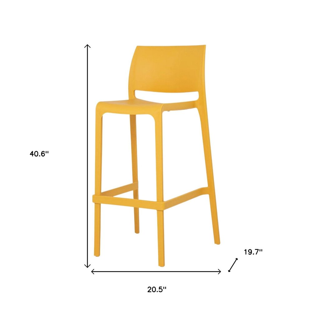 Set of Two 30" Yellow Heavy Duty Plastic Low Back Outdoor Bar Height Chairs on a white background