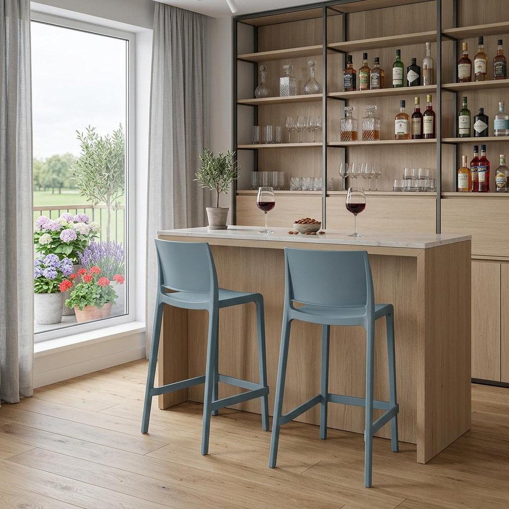 Set of Two 26" Baby Blue Heavy Duty Plastic Low Back Outdoor Counter Height Bar Chairs in a home interior