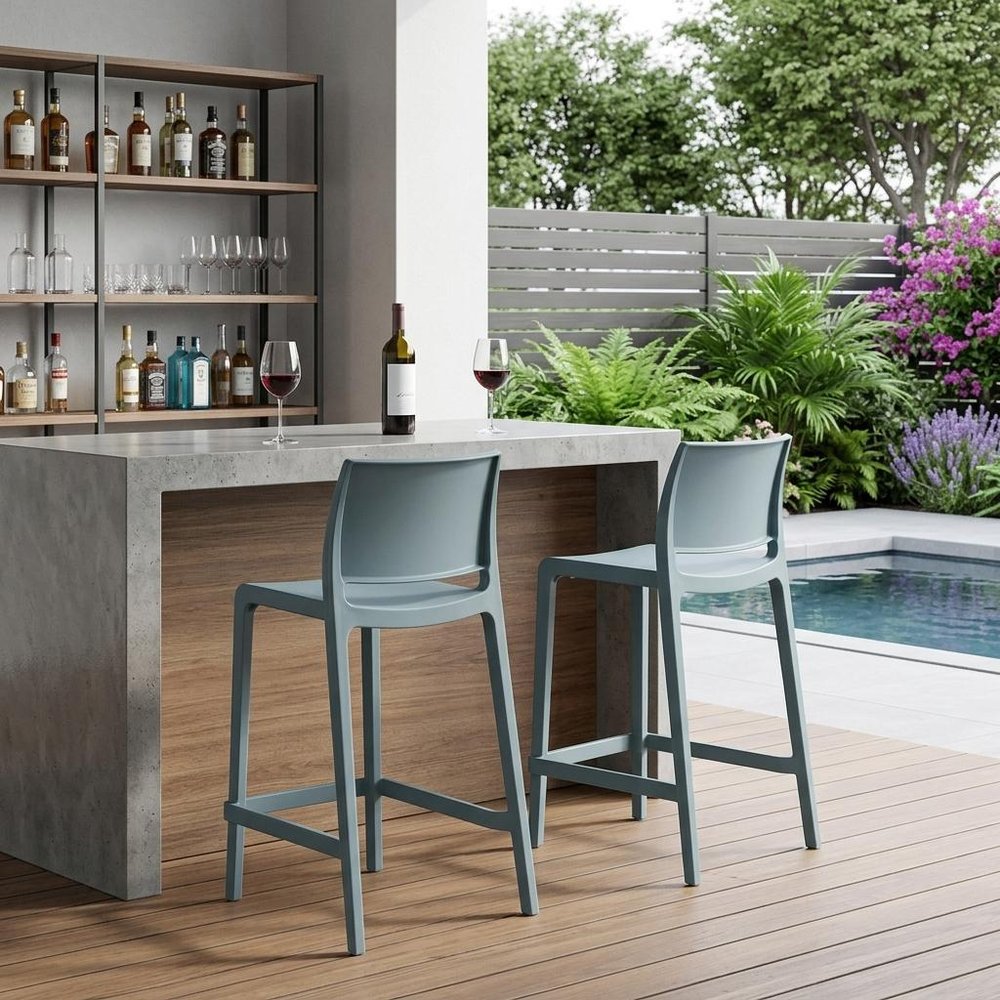 Set of Two 26" Baby Blue Heavy Duty Plastic Low Back Outdoor Counter Height Bar Chairs in a home interior