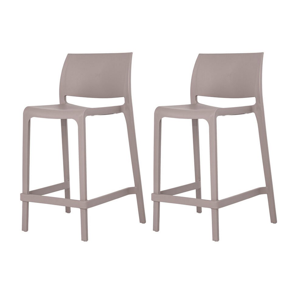 Two taupe plastic counter height bar chairs with low backs on a white background.