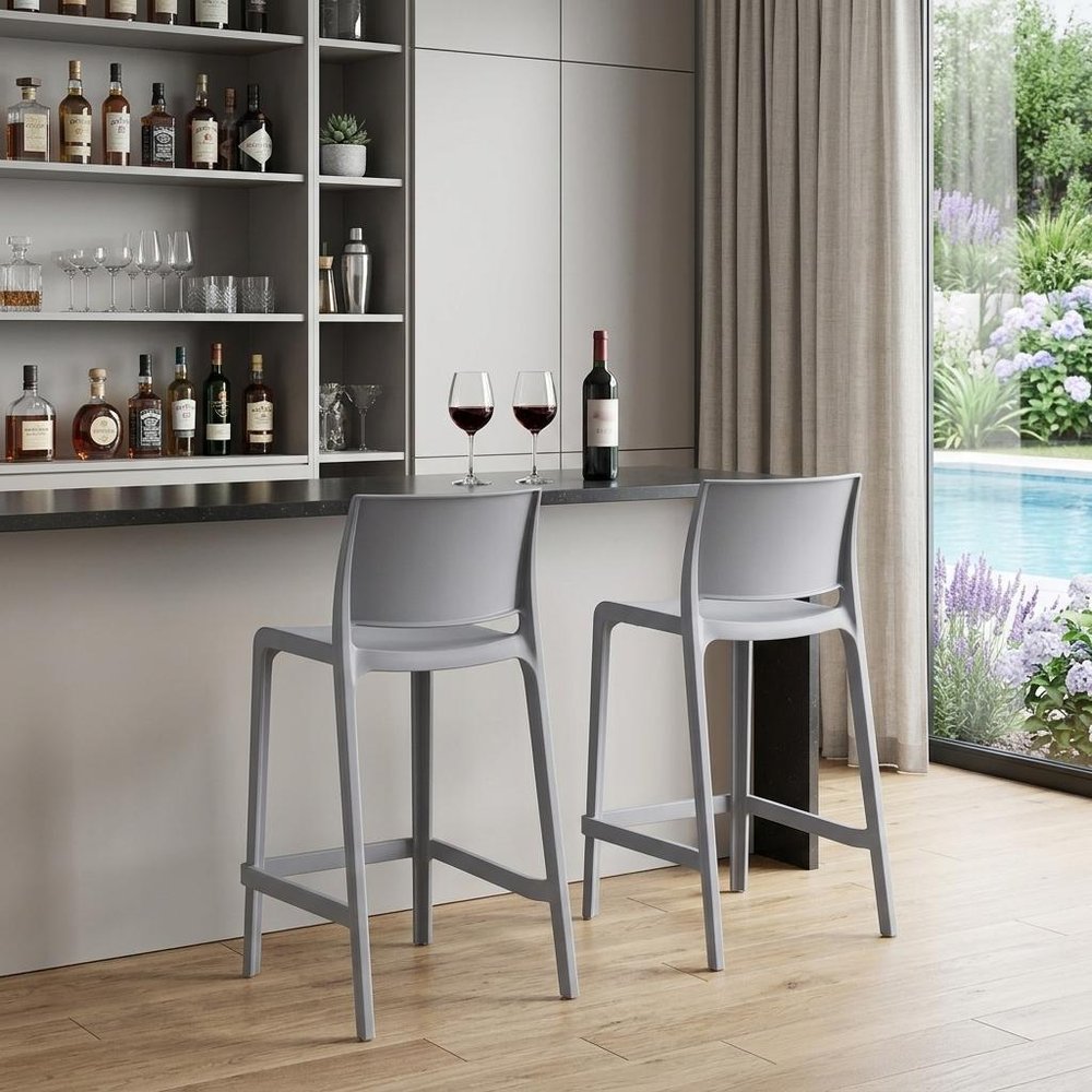 Set of Two 26" Gray Heavy Duty Plastic Low Back Outdoor Counter Height Bar Chairs in a home interior