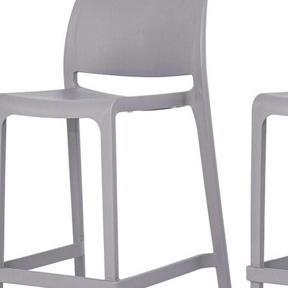 Set of Two 26" Gray Heavy Duty Plastic Low Back Outdoor Counter Height Bar Chairs on a white background