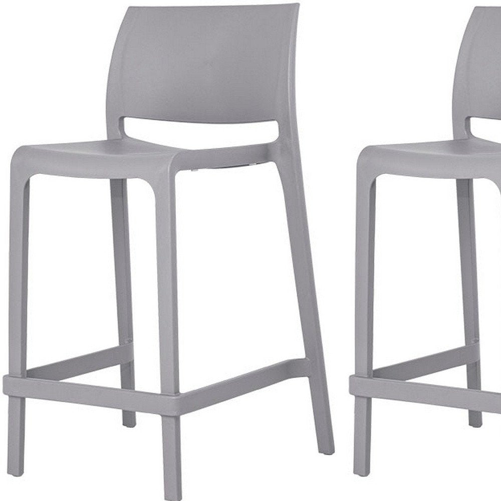 Set of Two 26" Gray Heavy Duty Plastic Low Back Outdoor Counter Height Bar Chairs on a white background