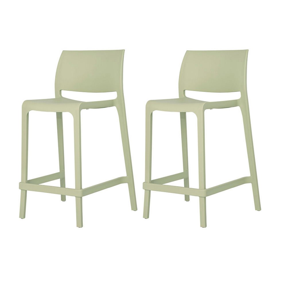 Two light green heavy duty plastic low back outdoor counter height bar chairs on a white background.