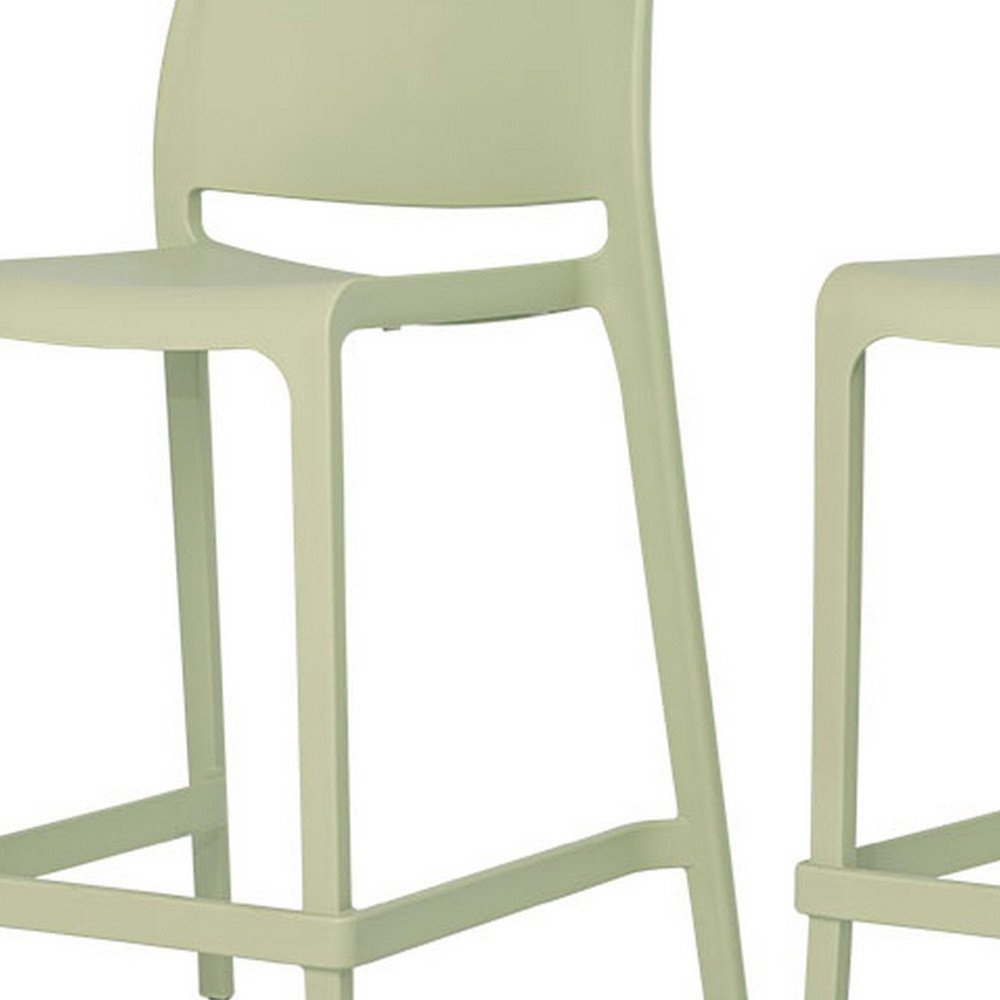Set of Two 26" Green Heavy Duty Plastic Low Back Outdoor Counter Height Bar Chairs on a white background