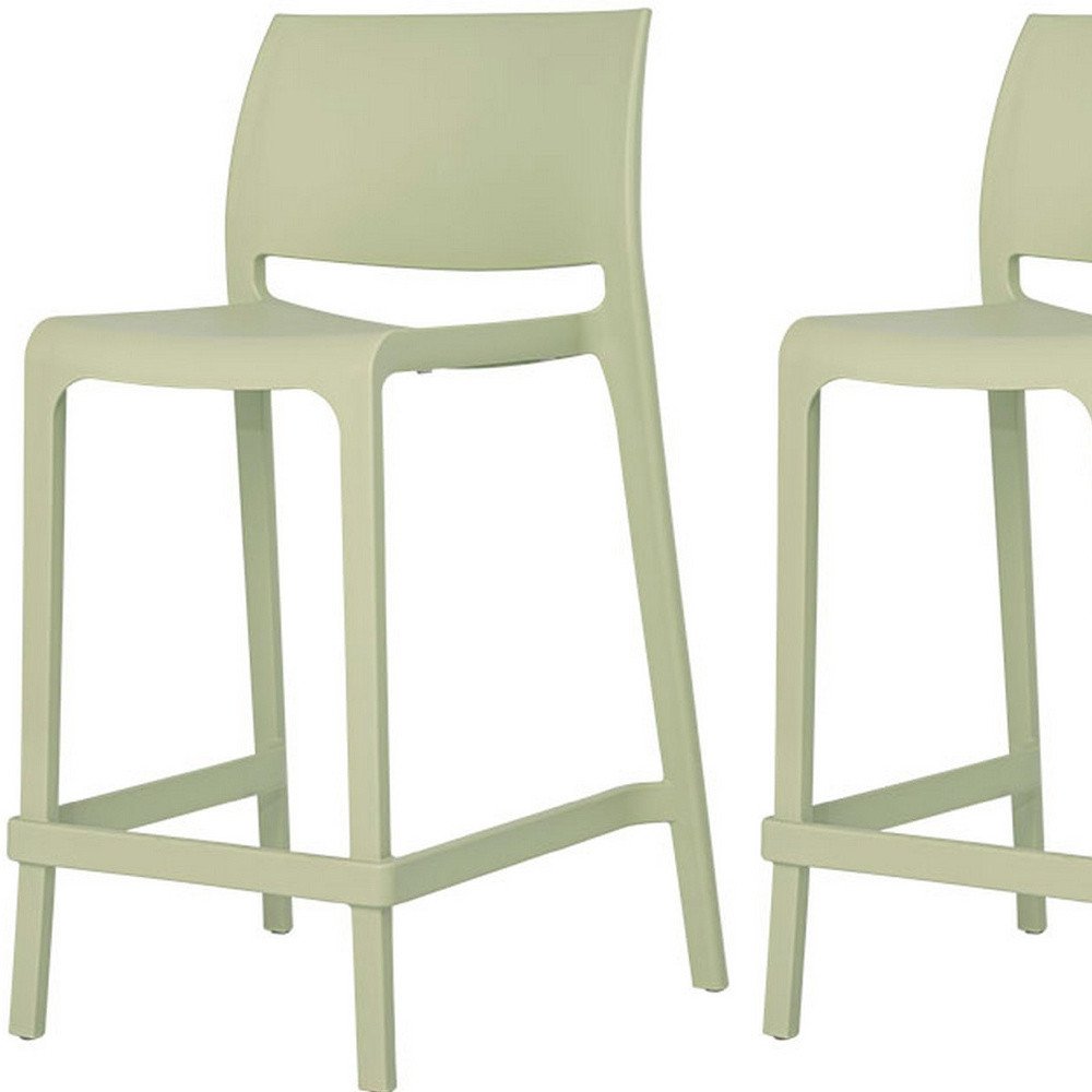 Set of Two 26" Green Heavy Duty Plastic Low Back Outdoor Counter Height Bar Chairs on a white background