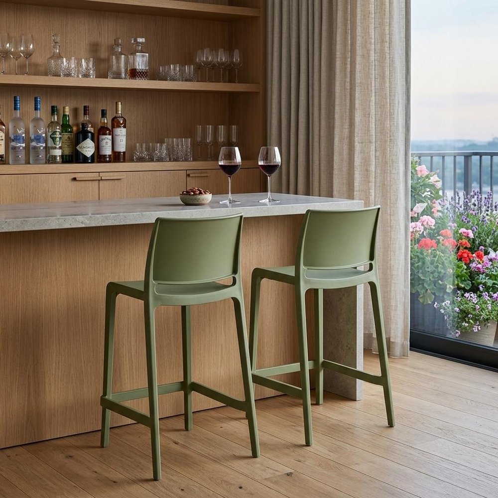 Set of Two 26" Green Heavy Duty Plastic Low Back Outdoor Counter Height Bar Chairs