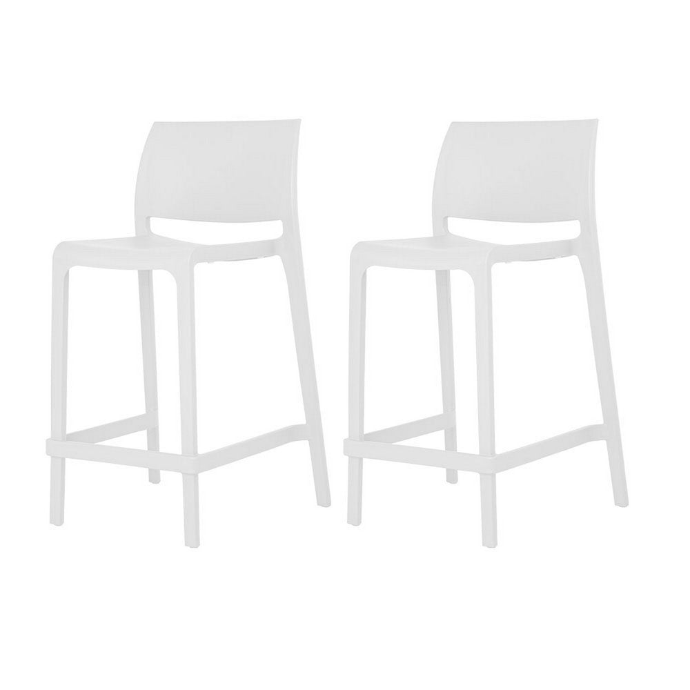 Two white plastic low back outdoor counter height bar chairs on a white background.