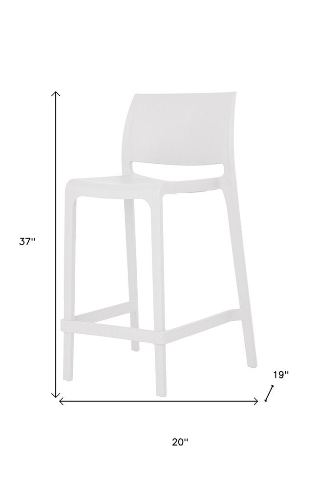 Set of Two 26" White Heavy Duty Plastic Low Back Outdoor Counter Height Bar Chairs on a white background