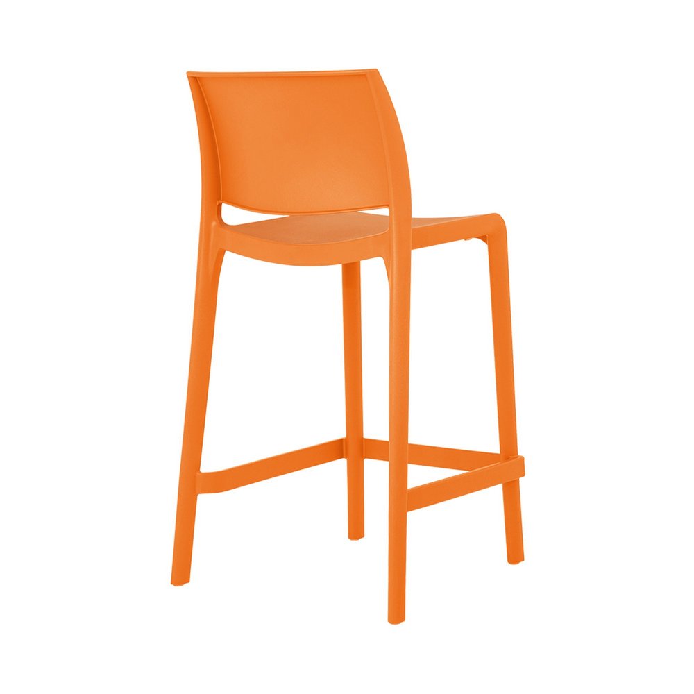 Set of Two 26" Orange Heavy Duty Plastic Low Back Outdoor Counter Height Bar Chairs on a white background