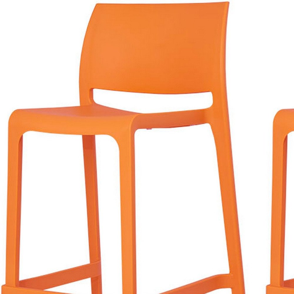 Set of Two 26" Orange Heavy Duty Plastic Low Back Outdoor Counter Height Bar Chairs on a white background