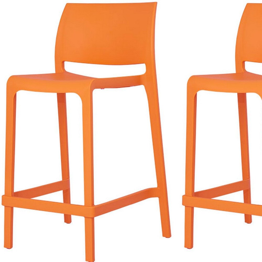 Set of Two 26" Orange Heavy Duty Plastic Low Back Outdoor Counter Height Bar Chairs on a white background