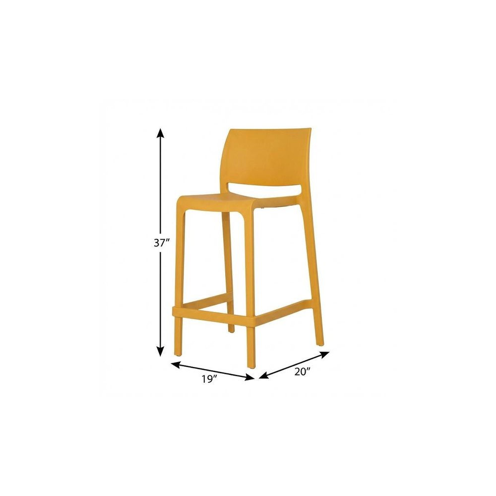 Set of Two 26" Gold and Yellow Heavy Duty Plastic Low Back Outdoor Counter Height Bar Chairs on a white background