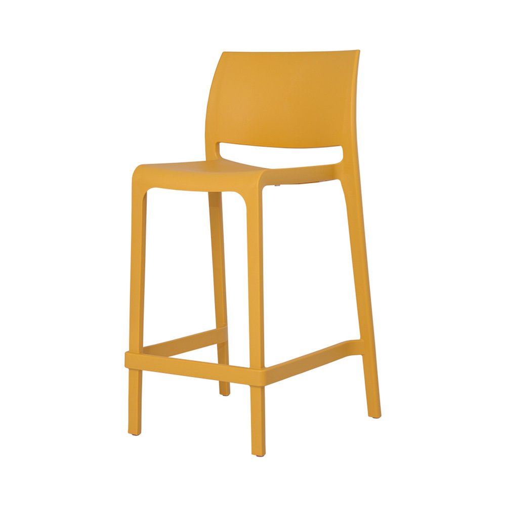 Set of Two 26" Gold and Yellow Heavy Duty Plastic Low Back Outdoor Counter Height Bar Chairs on a white background