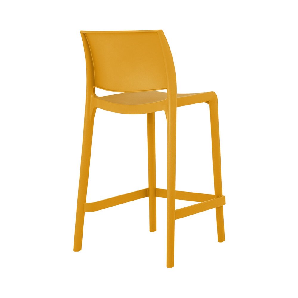 Set of Two 26" Gold and Yellow Heavy Duty Plastic Low Back Outdoor Counter Height Bar Chairs on a white background