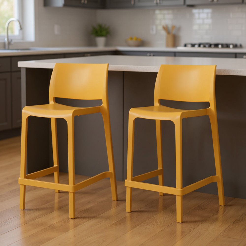 Set of Two 26" Gold and Yellow Heavy Duty Plastic Low Back Outdoor Counter Height Bar Chairs in a home interior