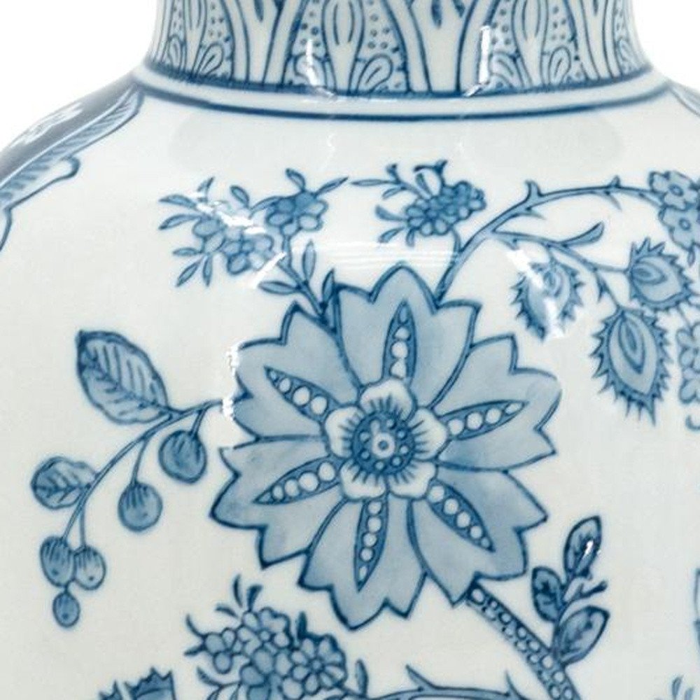 9" Light Blue And White Floral Round Porcelain Jar close-up detail