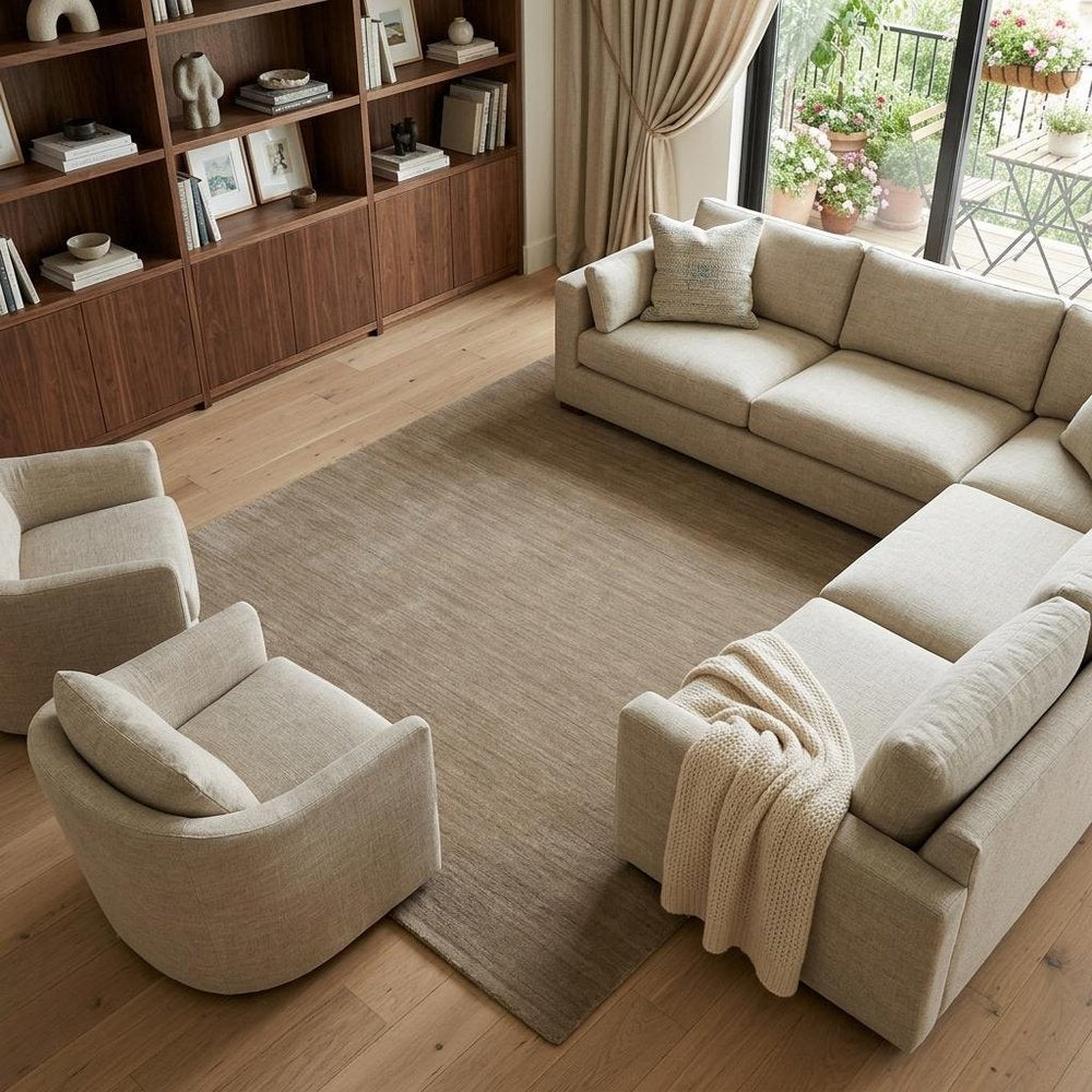 9' X 13' Tan Wool Hand Woven Area Rug in a home interior