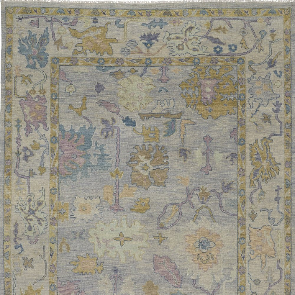 9' X 13' Purple Gray and Gold Wool Oriental Hand Knotted Area Rug With Fringe