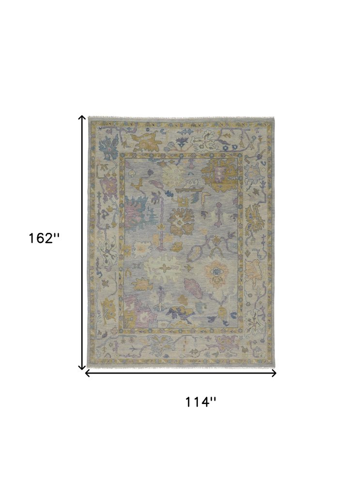 9' X 13' Purple Gray and Gold Wool Oriental Hand Knotted Area Rug With Fringe