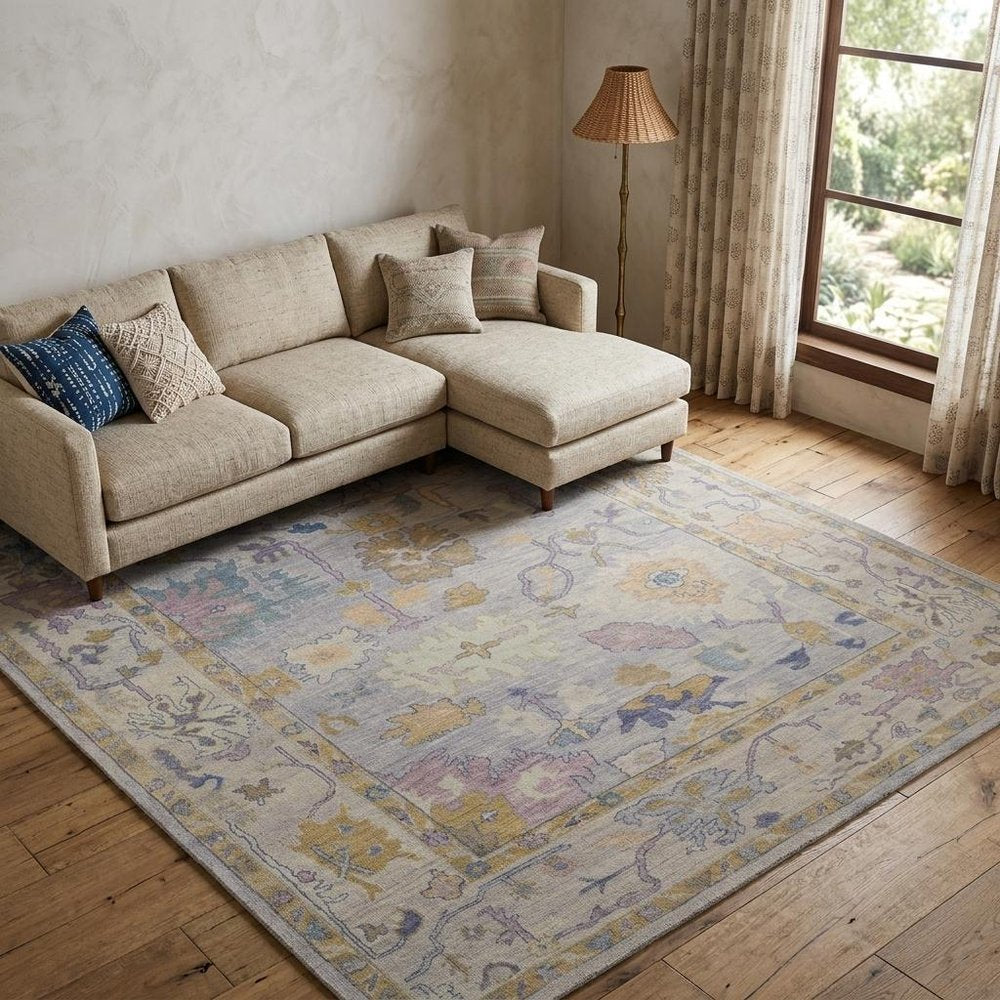 9' X 13' Purple Gray and Gold Wool Oriental Hand Knotted Area Rug With Fringe