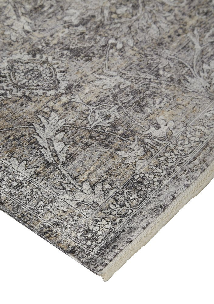 9' X 13' Tan and Gray Oriental Power Loom Worn Faded Area Rug