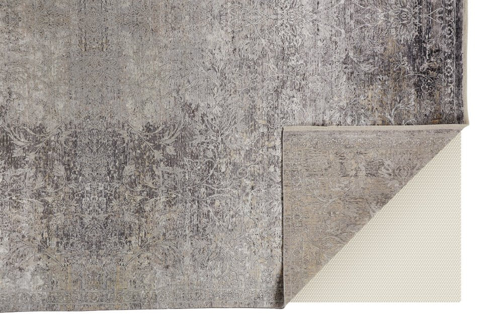 9' X 13' Tan and Gray Oriental Power Loom Worn Faded Area Rug on a white background